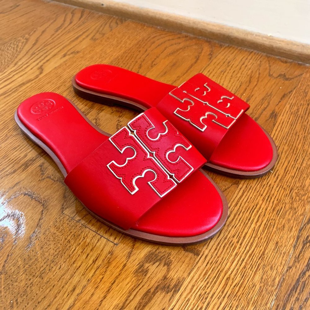 Tory Burch Red Leather Logo Slides Sz 8